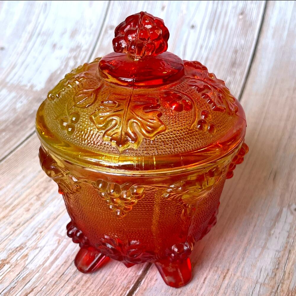 Vintage Jeannette Glass Amberina Harvest Grape Footed Covered Candy Dish Compote